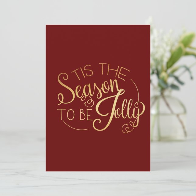 personligen "Tis the Season" Guld Script Red Julkort (Stående Fram)