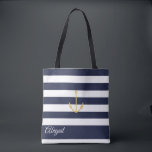 Personligen Tote Bag för flottans Nautical Anchor  Tygkasse<br><div class="desc">Nautiskt ankare på marinblå och vit rand-bakgrund,  personlig brudens sida mot väskan. Anpassa text,  teckensnitt stil,  färg och storlekt. Rand som visas i marinblått kan anpassas efter ditt val av färg.</div>