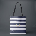 Personligen Tote Bag för flottans Nautical Anchor  Tygkasse<br><div class="desc">Nautiskt ankare på marinblå och vit rand-bakgrund,  personlig brudens sida mot väskan. Anpassa text,  teckensnitt stil,  färg och storlekt. Rand som visas i marinblått kan anpassas efter ditt val av färg.</div>
