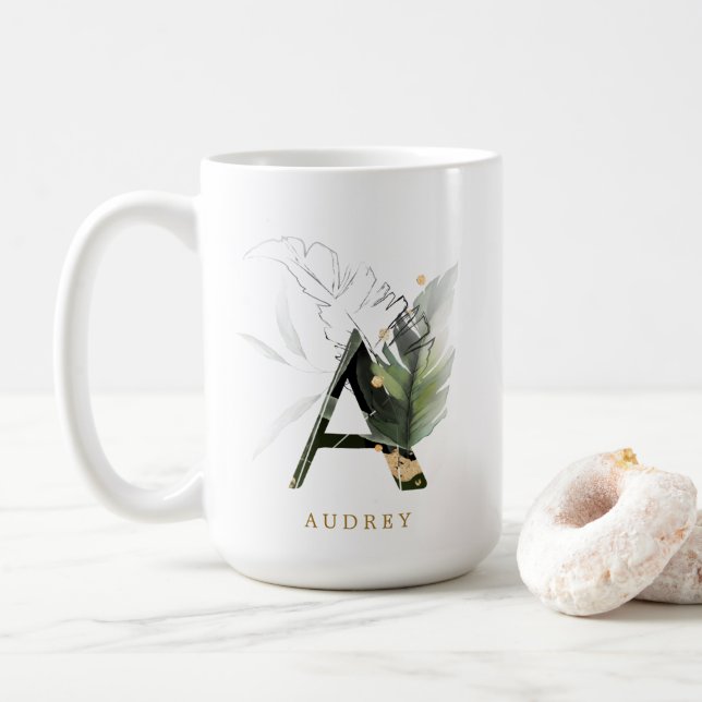 Personligen Tropical Foliage Monogram Brev ’A’ Kaffemugg (Med munk)