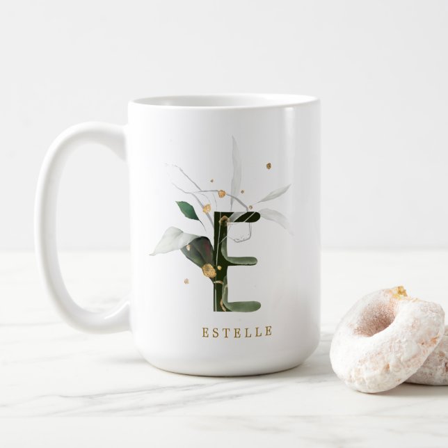 Personligen Tropical Foliage Monogram Brev ’E’ Kaffemugg (Med munk)