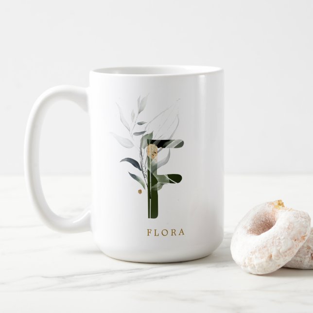Personligen Tropical Foliage Monogram Brev ’F’ Kaffemugg (Med munk)
