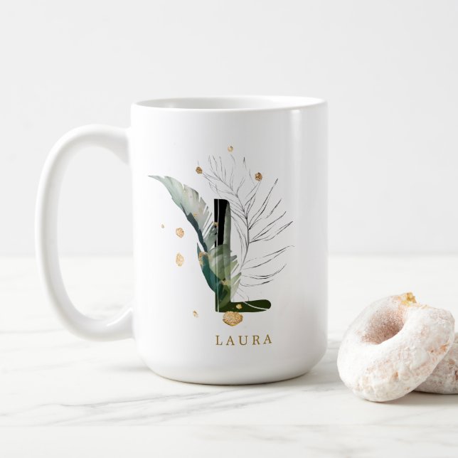 Personligen Tropical Foliage Monogram Brev ’L’ Kaffemugg (Med munk)