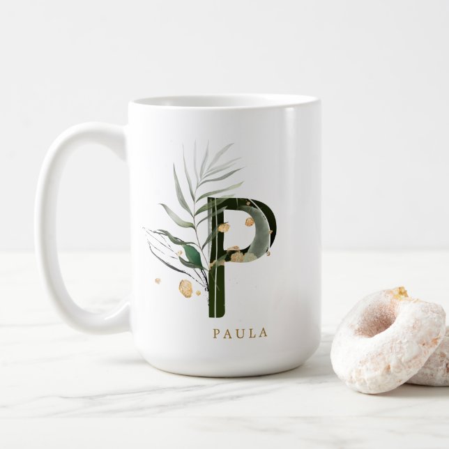 Personligen Tropical Foliage Monogram Brev ’P’ Kaffemugg (Med munk)