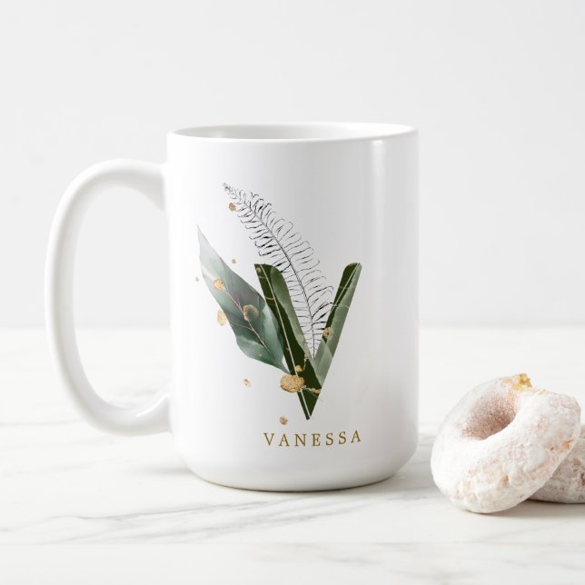 Personligen Tropical Foliage Monogram Brev ’V’ Kaffemugg (Med munk)
