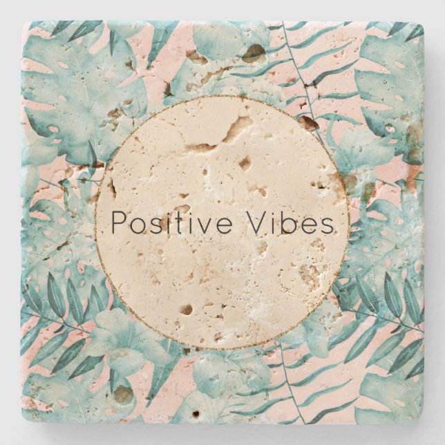 Personligen Tropical Löv Aqua Guld Stenunderlägg (Framsidan)