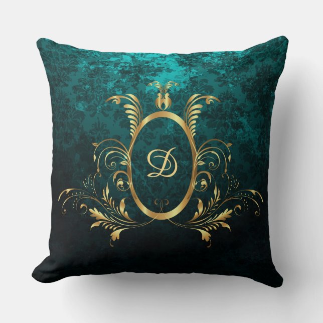 Personligen Turquise Damask guld Ram Kudde (Framsida)