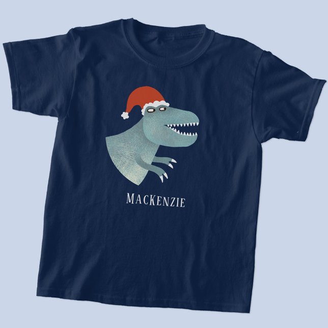 Personligen Tyrannosaurus Rex jul Santa Hat T Shirt (Fun personalized name text Tyrannosaurus Rex in a Christmas Santa hat t-shirt)