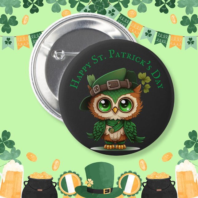 Personligen Uggla i S:t Patrick-Grönten Knapp (St. Patrick's Day Green Owl personalized 6 Cm Round Badge)