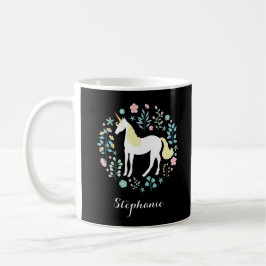 Personligen Unicorn & Flowers Black Kaffemugg