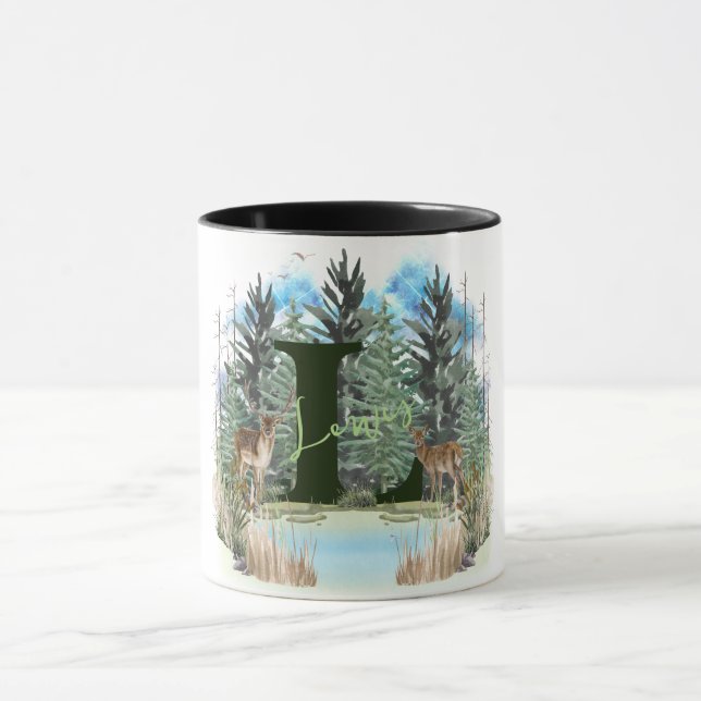 Personligen Vattenfärg Hjort Monogram Brev L Mugg (Center)