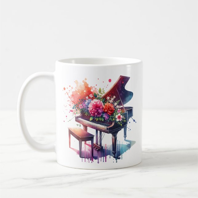 Personligen Vattenfärg Piano och Flowers Kaffemugg (Vänster)