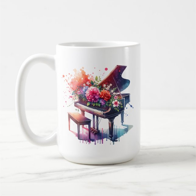 Personligen Vattenfärg Piano och Flowers Kaffemugg (Vänster)