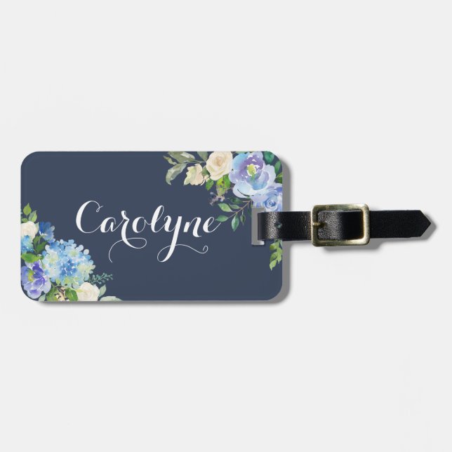 Personligen Vattenfärgsblå Hydrangeas & Peonies Bagagebricka (Horisontell Framsida)