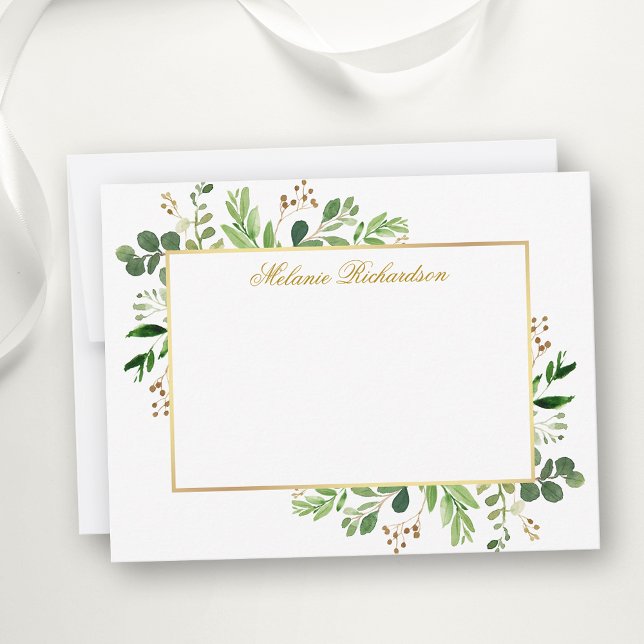 Personligen Watercolor Eucalyptus Greenery Guld Anteckningskort (Customize to change text color,  text style or to add more text to back of card.)