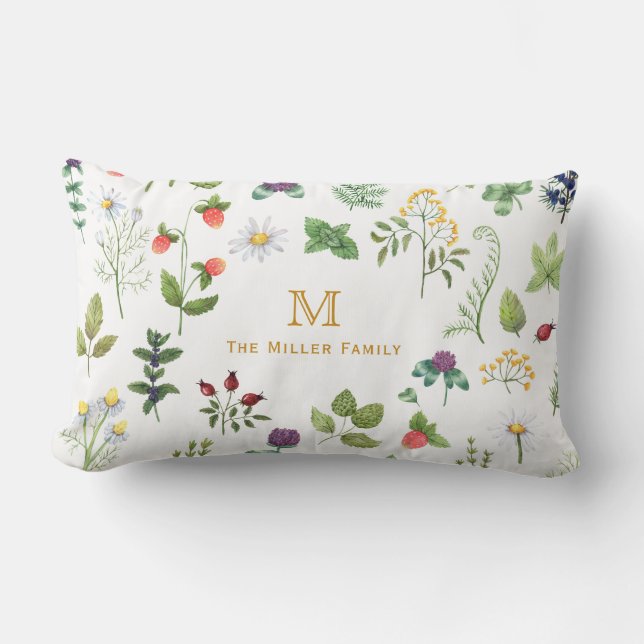 Personligen Watercolor Garden Family Monogram Lumbarkudde (Framsida)
