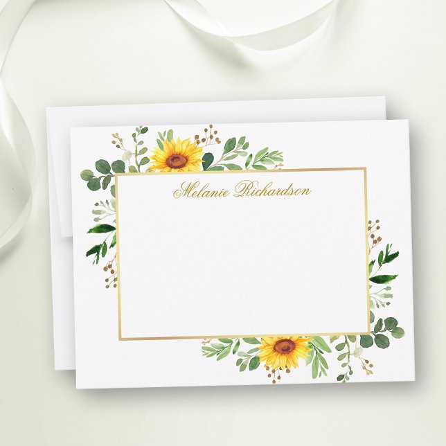 Personligen Watercolor Greenery Sunwers Guld Anteckningskort (Customize to change text size, color, style or to add more text to front or back of card.)