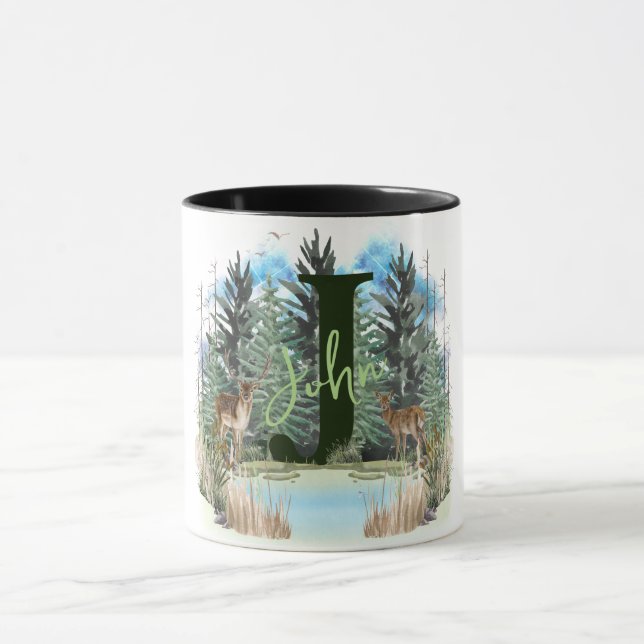 Personligen Watercolor Hjort Monogram Brev J Mugg (Center)