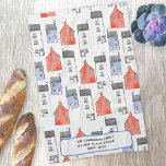 Personligen Watercolor House Art Kökshandduk<br><div class="desc">Med en ursprunglig vattenfärgsmålning av hus blir den här designen en underbar unik hushållsvärmegåva. Ändra texten och informationen för att anpassa den. Originalkonst av Nic Squirrell.</div>