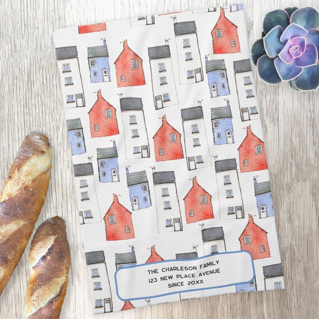 Personligen Watercolor House Art Kökshandduk (Watercolor house art personalized tea towel housewarming gift)