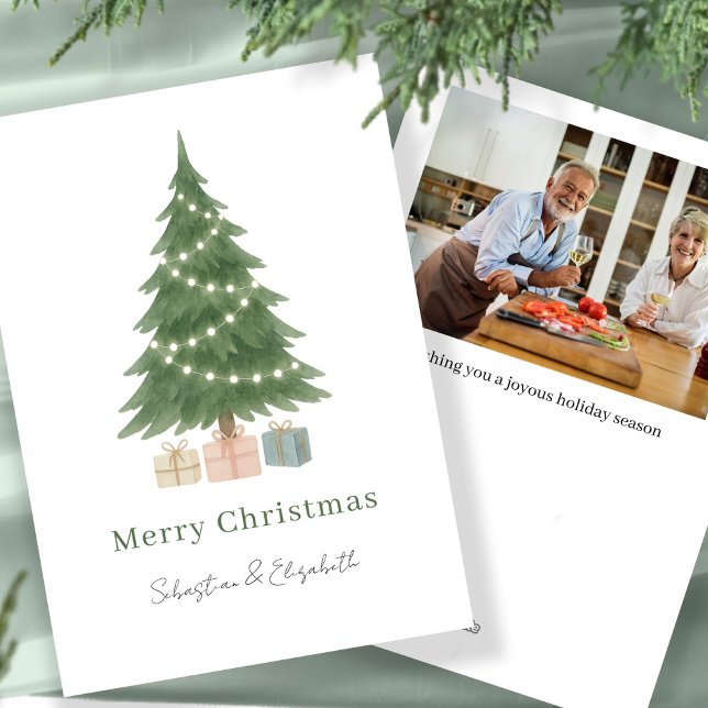 Personligen Watercolor Julgran Photo Julkort (Watercolor Christmas Tree Photo Personalized Holiday Card by Ricaso Add own photograph and message)
