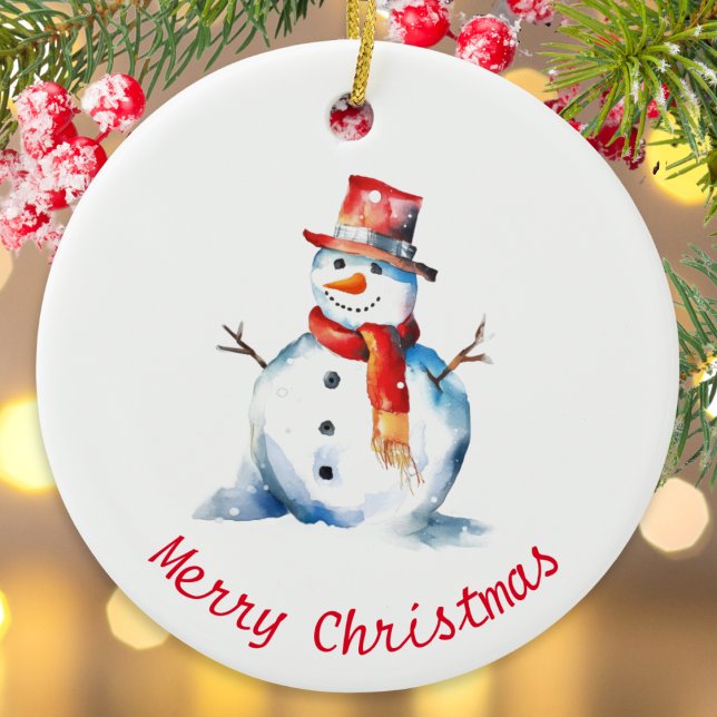 Personligen Watercolor Snögubbe Cute Jul Julgransprydnad Keramik (A Christmas ornament with snowman picture in a watercolor style, and custom text on the back)