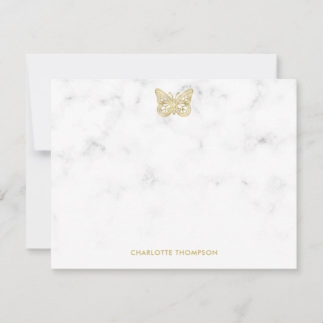 Personligen White Marble och Guld Butterfly Anteckningskort (Framsida)