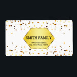 Personligen White och Guld Glitter Faux Badge Fraktsedel<br><div class="desc">`Det här är Vita och Guld Glitter returadressetikettdesign. Den här designfunktionen är ett handskrivet teckensnitt i guld med rulla ram accents på en svart tavla,  krita med mjuk bakgrund i stil med en rustik texturerad stil. Anpassningsbar returadress text. Personlig adressetiketter för alla dina utskick.</div>