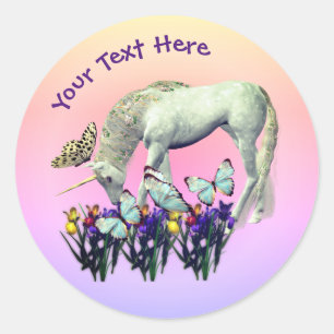 Personligen White Unicorn Butterflies Flowers Runt Klistermärke