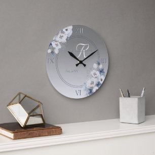 Personligen Winter Watercolor Blommigt Monogram Stor Klocka