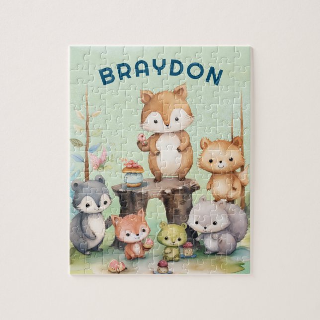 Personligen Woodland Forest Animals Kids Pussel (Vertikal)