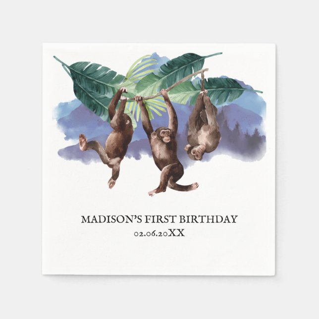Personligen Woodland Monkey Birthday Pappersservett (Framsidan)