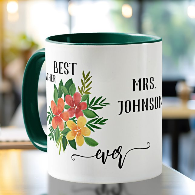 Personligens Blommigt Design Teacher-bedömning Mugg (Elegant teacher appreciation mug featuring a watercolor painting of flowers)