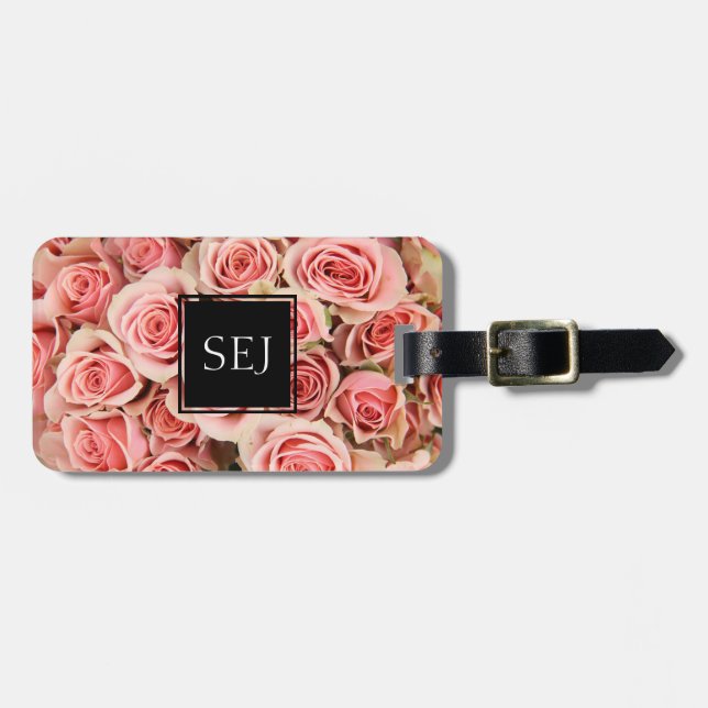 Personligens Blommigt, Rosa ros (Monogram & ID) Bagagebricka (Horisontell Framsida)