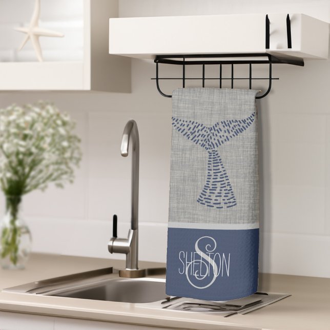 Personligens efternamn Nautical Whale Svan Art Kökshandduk (Personalized Last Name Nautical Whale Tail Art Kitchen Towel)