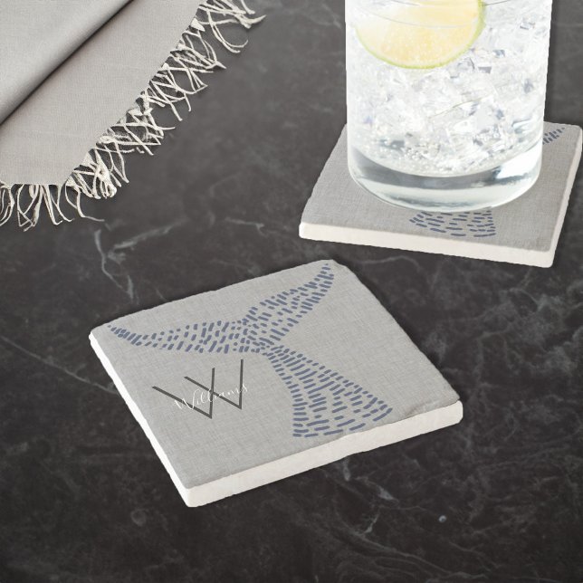 Personligens efternamn Nautical Whale Svan Art Stenunderlägg (Personalized Last Name Nautical Whale Tail Art Stone Coaster)
