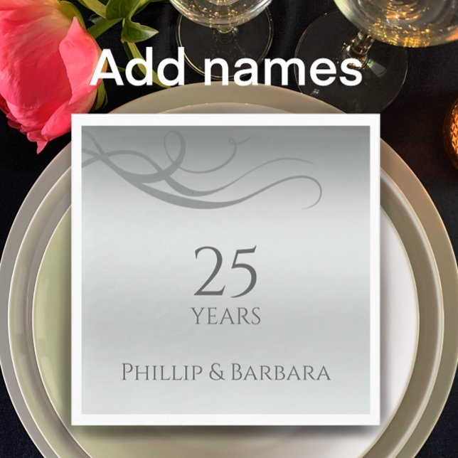 Personligens elegant, modern 25-årsdag party pappersservett (Add couple’s names for personalized silver gradient 25th wedding anniversary napkins. Unique modern.)