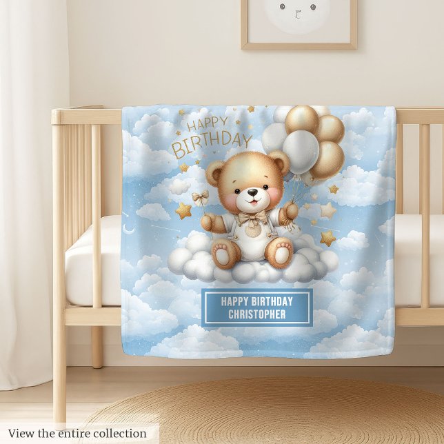 Personligens första födelsedagsfilt med teddy fleecefilt (Personalized first birthday blanket with teddy art)