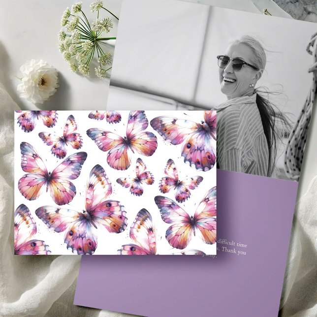 Personligens fotobakgrund - tack för dina kort (Funeral thank you cards with photo personalized butterflies)