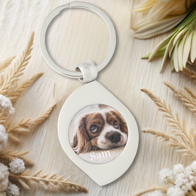 Personligens husfoto hund älskare keepsaké namn swirl silverfärgad nyckelring (Skapare uppladdad)