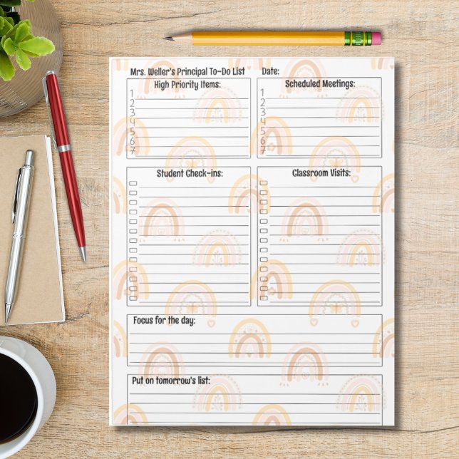 Personligens huvudsakliga daglig regnbåge för att  anteckningsblock (Trendy rainbow principal daily to-do list)