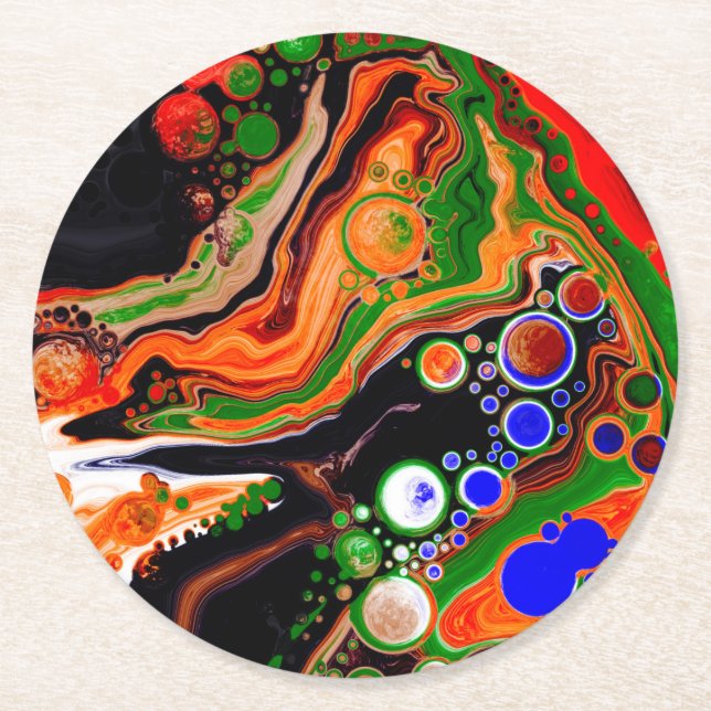 Personligens Orange, Blått, Grönt, Svart Fluid Art Underlägg Papper Rund (Framsidan)