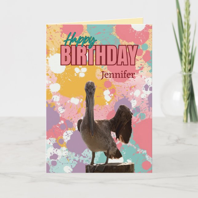 Personligens Roligt, färgat Pelican Birthday Card Tack Kort (Framsida)