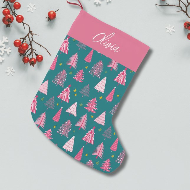 Personligens Rosa och Grönt Julgran Mönster Liten Julstrumpa (Pink Christmas tree winter wonderland personalized Christmas stocking)