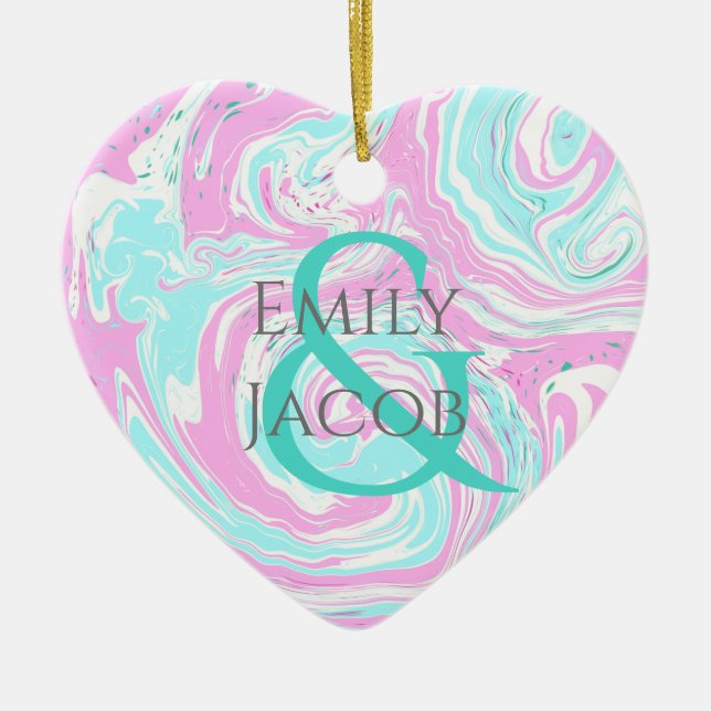 Personligens Rosa och Teal Heart-jul Julgransprydnad Keramik (Framsidan)