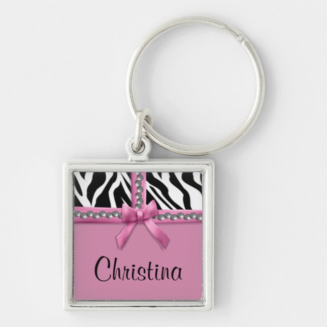 Personligens Rosa och vita Zebra ränder Fyrkantig Silverfärgad Nyckelring (Framsidan)