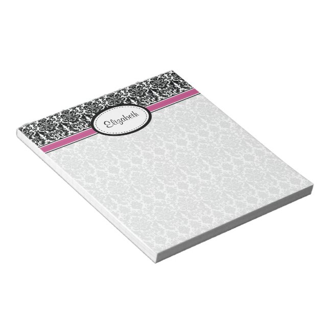 Personligens Rosa, Svart, Vit Blommigt Damask Anteckningsblock (Vinklad)