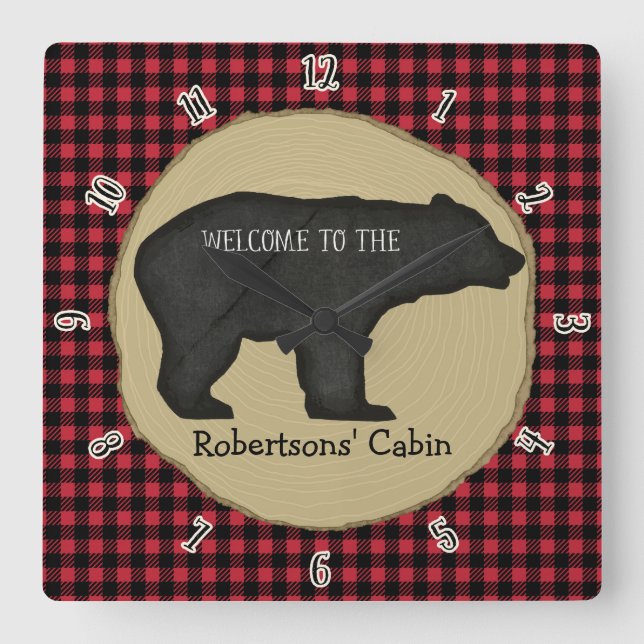 Personligens välkomstskylt Lumberjack Bear Cabin Fyrkantig Klocka (Framsida)