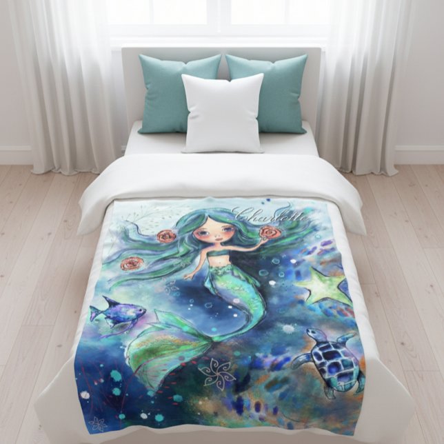 Personliger för Sjöjungfru av magiska vattenfärger Fleecefilt (Magical Watercolor Mermaid Personalized Kids Fleece Blanket)