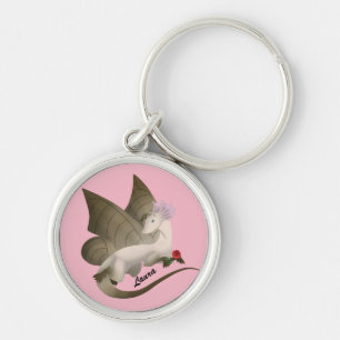 Personligfjärilsdrake 1 rosa Keychain Rund Silverfärgad Nyckelring